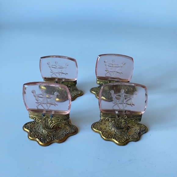 Antique Czech Glass Place Cards Holders: Set of 4, Pink Intaglio Glass - Picture 4 of 11